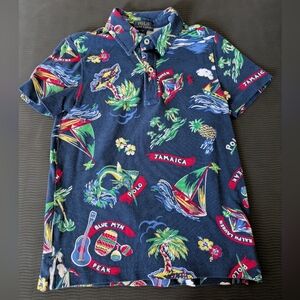 Boys Polo Ralph Lauren Short Sleeve Polo Shirt With Allover Print In Navy Blue